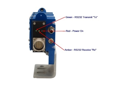 Rear view of the robust Model MSE-AL30 Laser Level Sensor showing the LED indicators and showing the Sensor mounted on a supplied MSE-LH01 "L" Mounting Bracket 