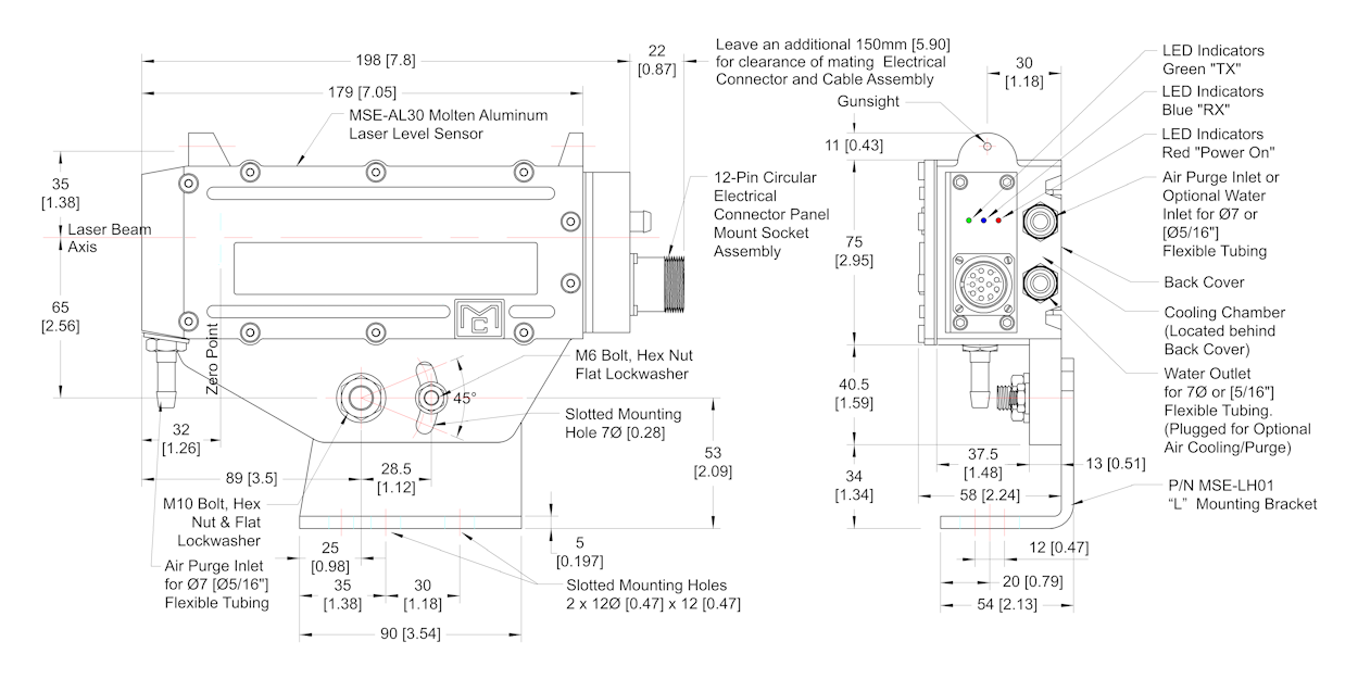 MSE-AL30 Molten Aluminum Laser Level Sensor Housing Dimensional Imformation