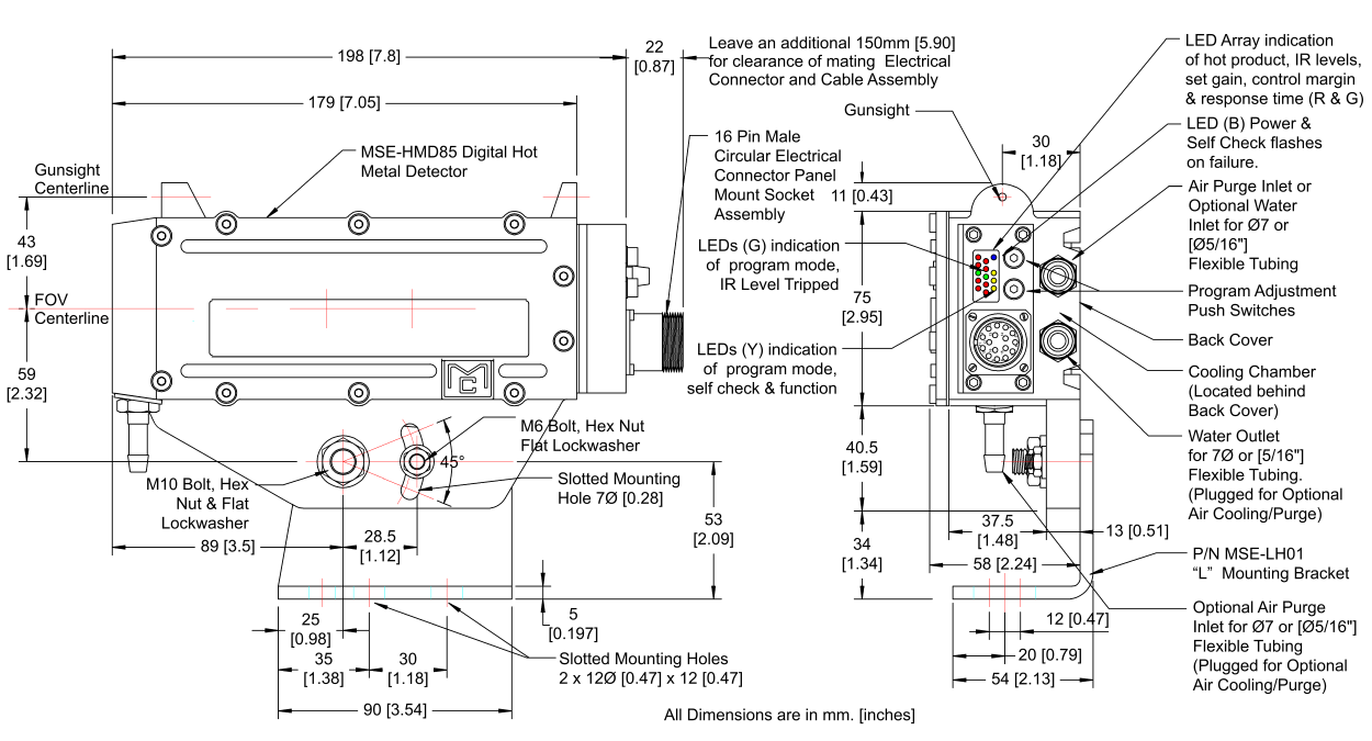 MSE-HMD85 Digital Hot Metal Detector Housing Dimensional Information