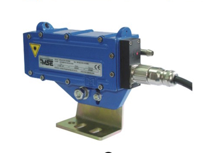 MSE-LD20HR Laser Distance Sensor for non-contact distance measurement off of hot steel seamless rolled rings in a ring rolling mill up 1200&deg;C (2192&deg;F) shown mounted on a supplied MSE-LH01 L Mounting Bracket