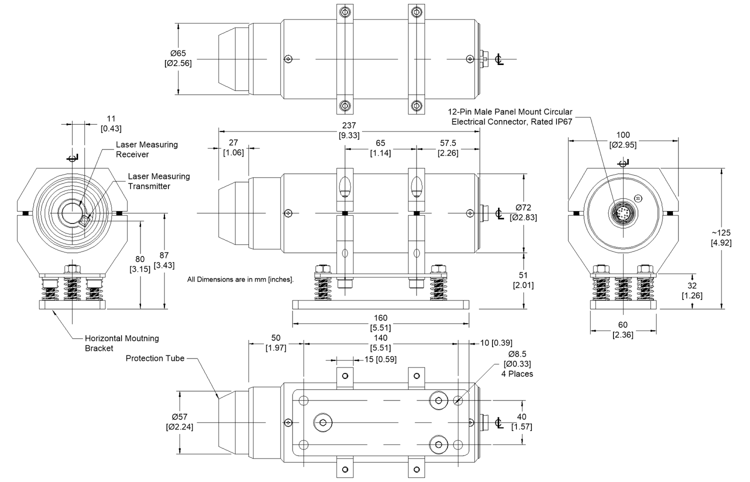MSE-LT205HT Laser Distance Measurement Sensor Housing Dimensional Imformation