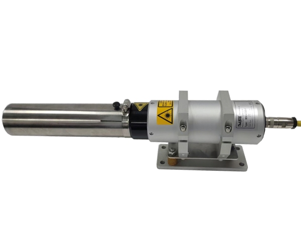 The MSE-LT205VHT Laser Distance Measurement Sensor mounted on a supplied Horizontal Mounting Bracket and shown with an Optional optional Long Extension Protective Tube. The Long Extension Tube is to significantly reduce radiant IR interference.