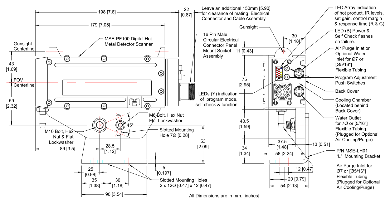 MSE-PF100 Digital Scanning Hot Metal Detector Housing Dimensional Imformation